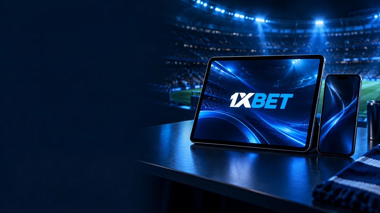 Tablet at telepono na may 1XBET sa isang arena