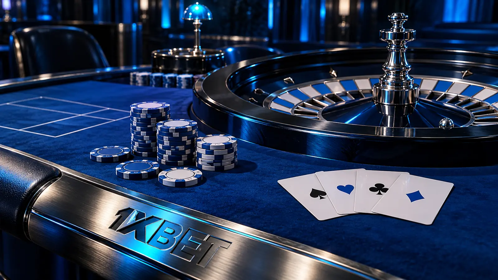 Asul na mesa ng roulette, mga baraha at chips na may 1XBET