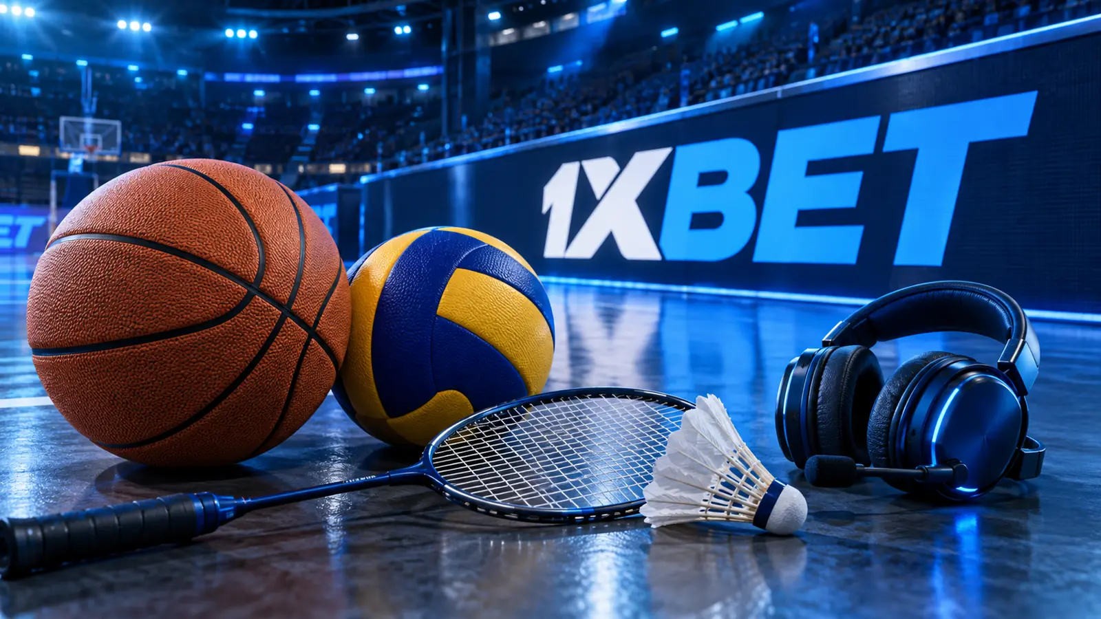 Basketball, volleyball, badminton racket at headset sa arena ng 1XBET